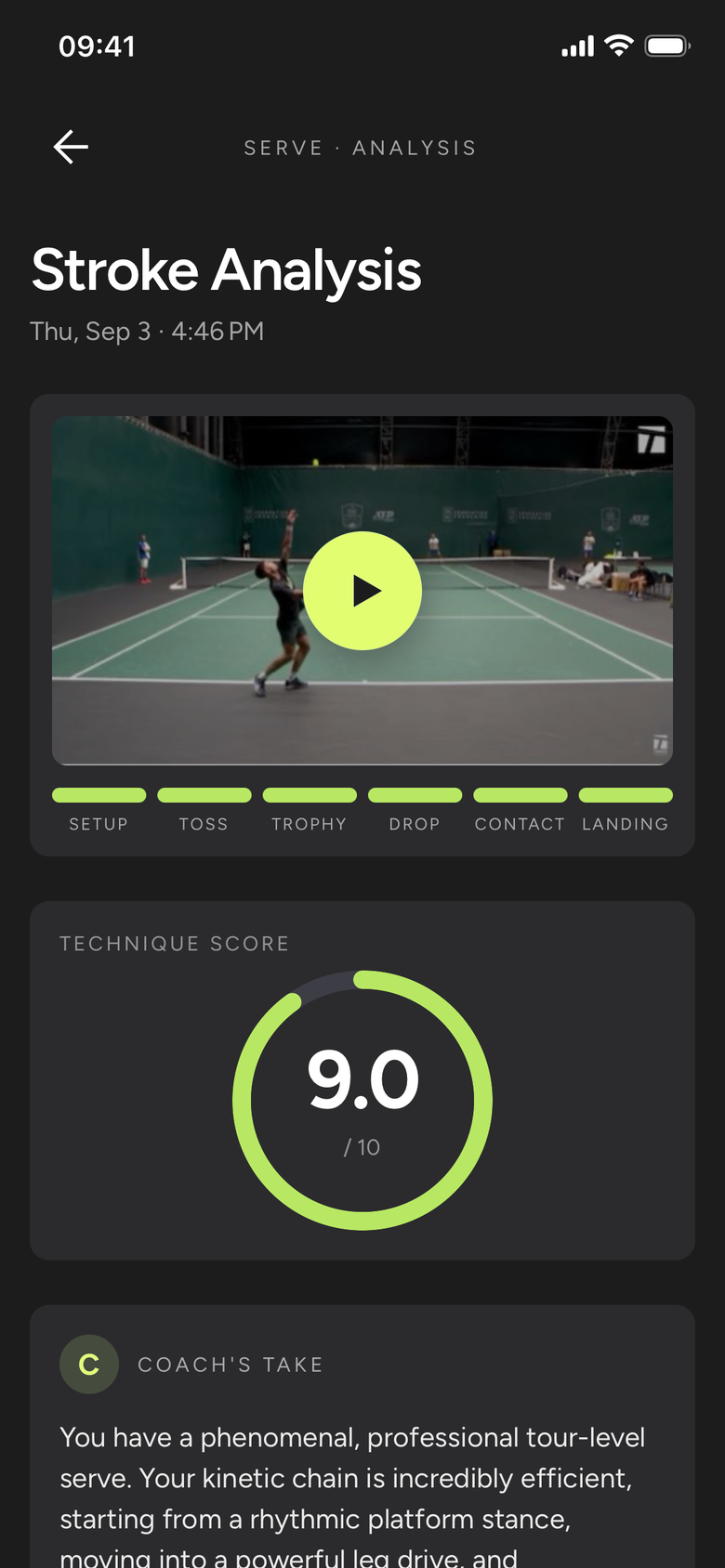 AceCue serve analysis screen showing a 9.0 technique score and six green phases